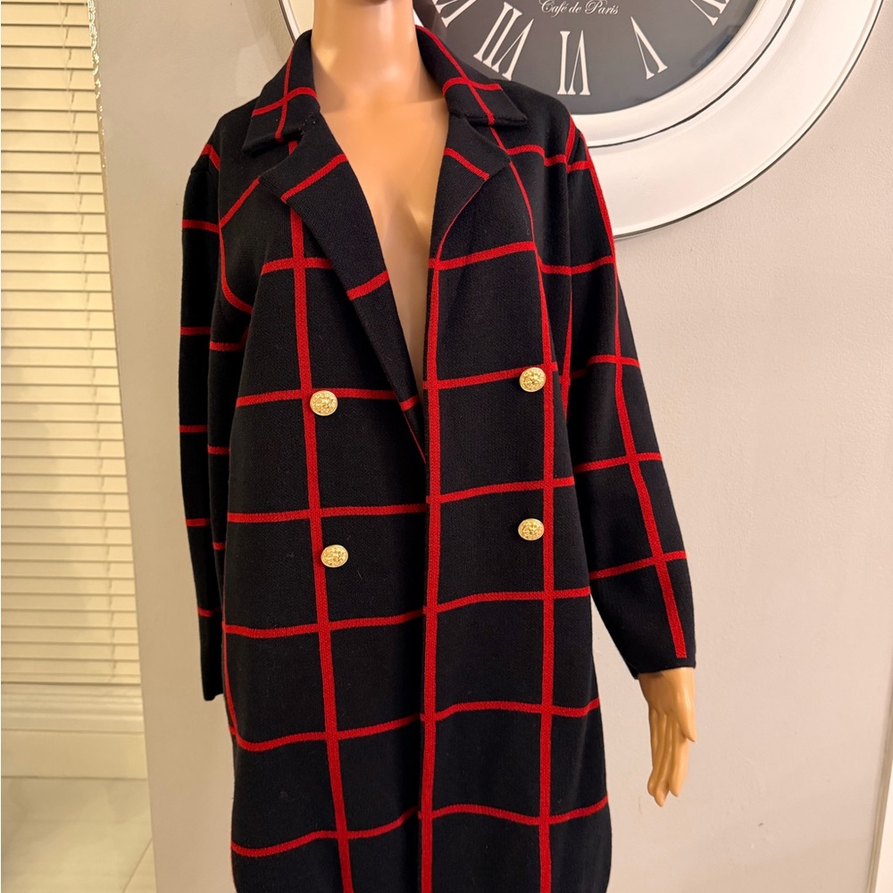 Anne Klein Black and Red Grid Blazer